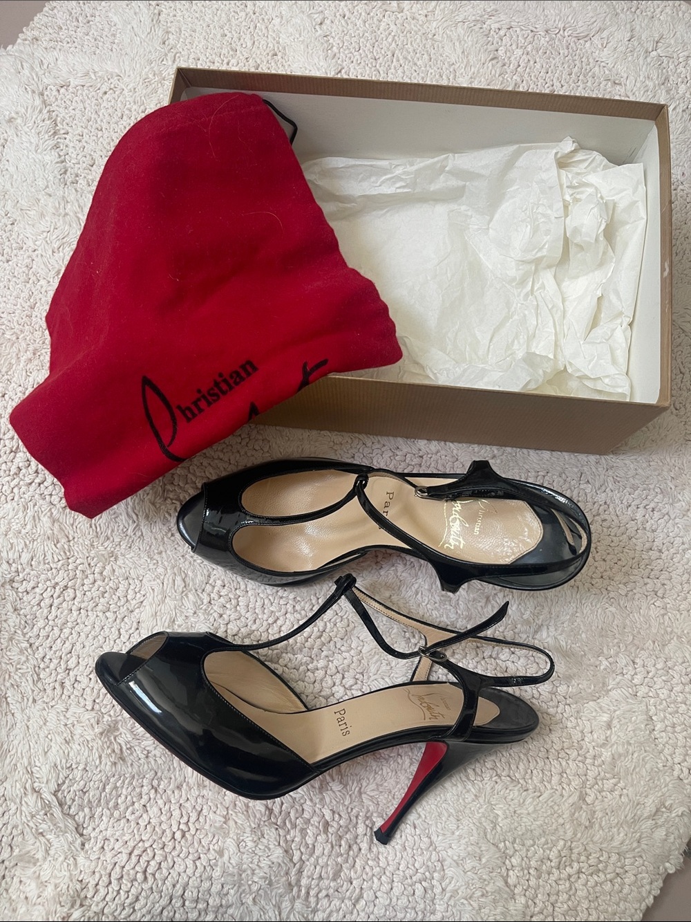 Christian Louboutin Black Patent Leather Slingback Heels with Red Sole